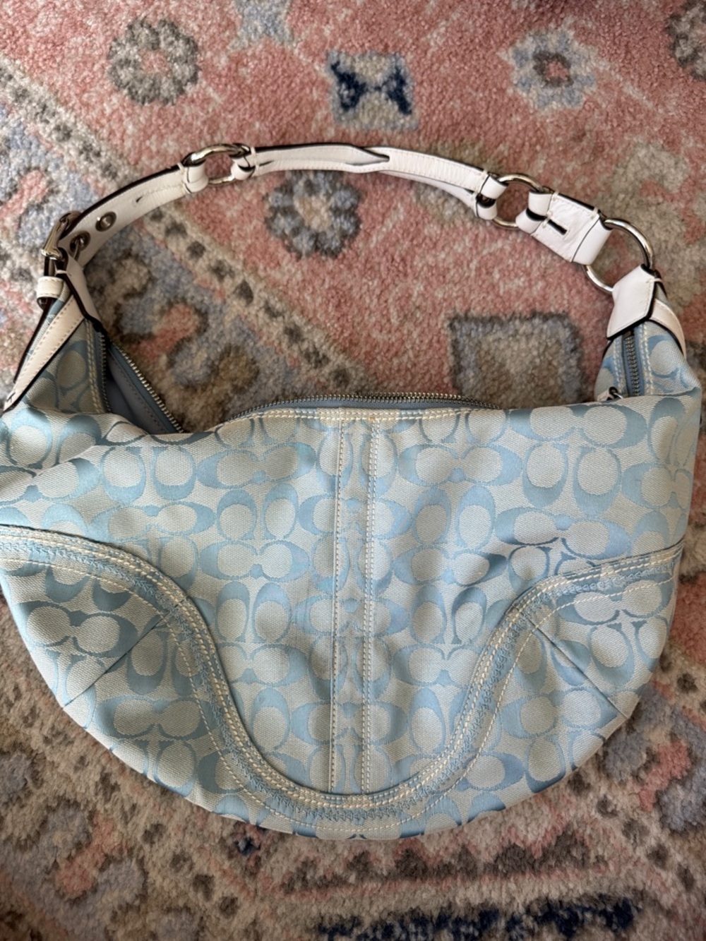 Coach Y2K Crescent half moon Style Light Blue Signature-Pattern Shoulder Bag